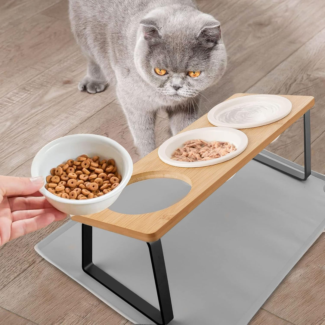 Lannvan Katzennapf Erhöht - 3er Set Futternapf aus Keramik mit Napfunterlage Silikon - 15° gekippte