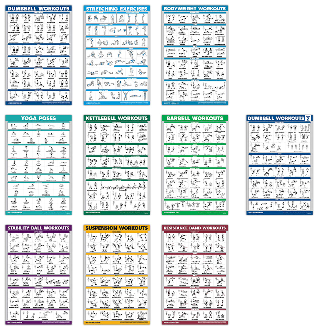 QuickFit Übungsposter-Set, Hantel-Volumen 1 & 2, Suspension, Kugelhantel, Widerstandsbänder, Stretch
