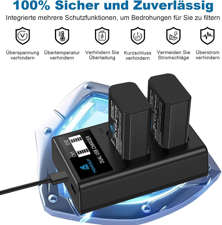Homesuit NP-FW50 Akku 1300mAh und USB LCD Ladegerät Kit für Sony ZV-E10 A6000 A6300 A6400 A6500 A510