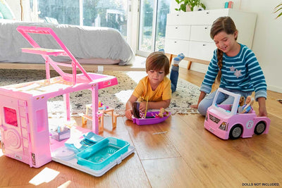 Barbie 3-in-1 DreamCamper Vehicle, approx. 3-ft, Transforming Camper with Pool, Truck, Boat and 60