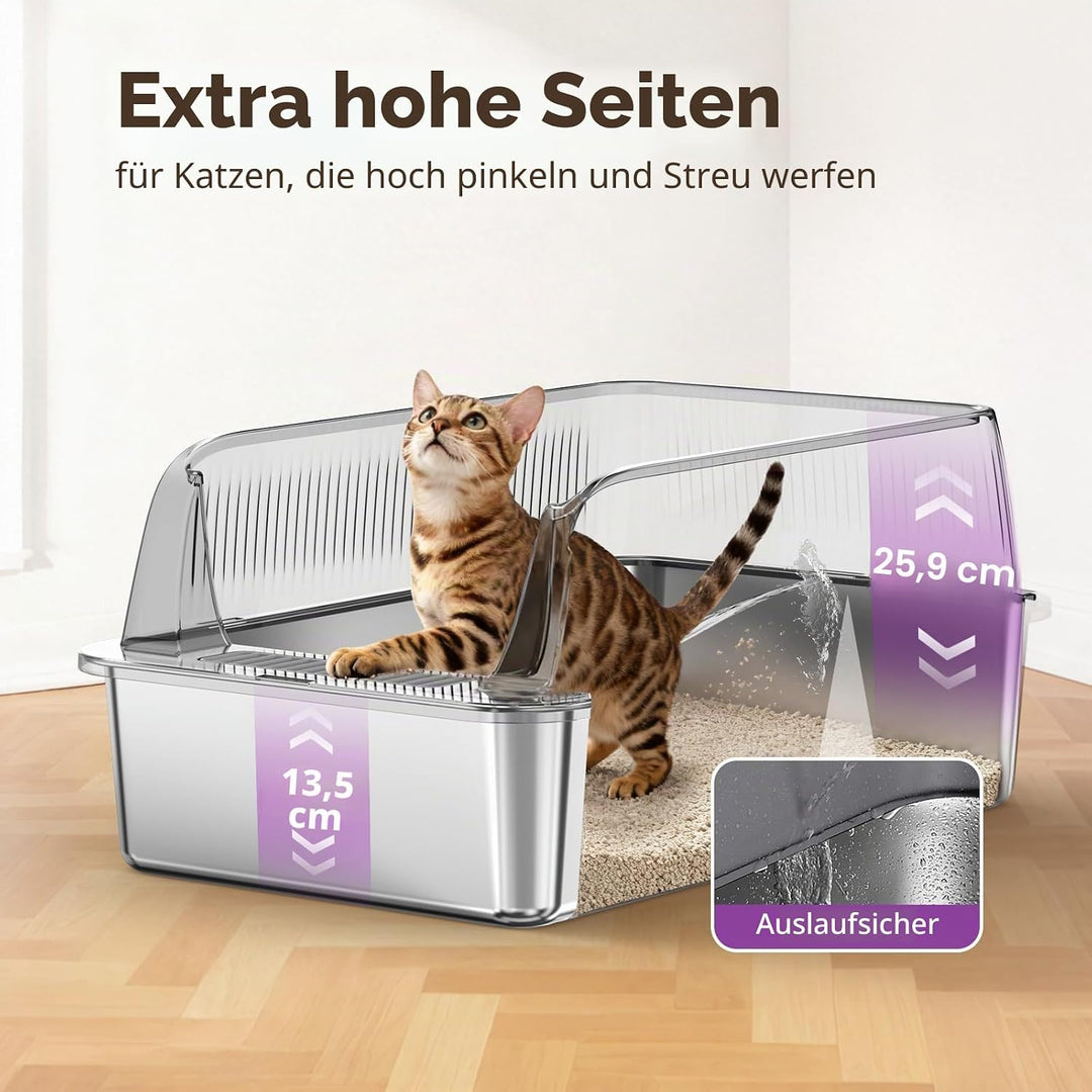 Edelstahl Offene Katzentoilette – extra grosse Katzentoilette mit hohen Seitenwänden für grosse Katz