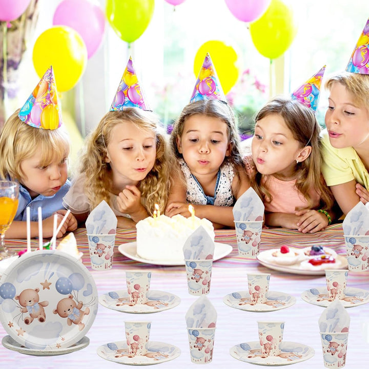 Doyomtoy Plüschbär Partygeschirr,60 Stück Plüschbär Babyparty Deko,Bären-Pappteller Becher,Serviette