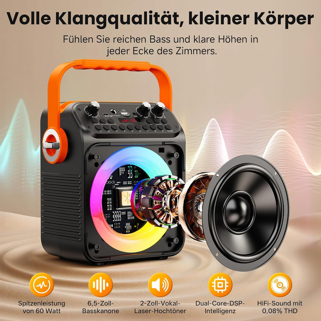 HWWR Karaoke Anlage mit 2 Mikrofonen, Bluetooth Lautsprecher mit 6,5 Zoll Subwoofer, RGB-Lichteffekt