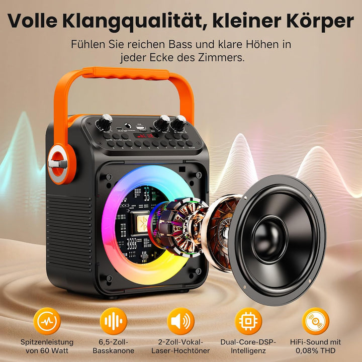 HWWR Karaoke Anlage mit 2 Mikrofonen, Bluetooth Lautsprecher mit 6,5 Zoll Subwoofer, RGB-Lichteffekt