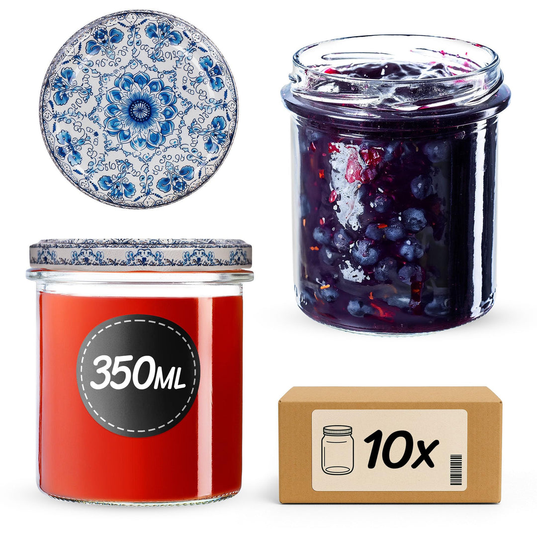 KADAX 10er Set Marmeladengläser 350ml TO82 Weiss/Blau, Einmachgläser Vorratsgläser Mason Jar mit Sch