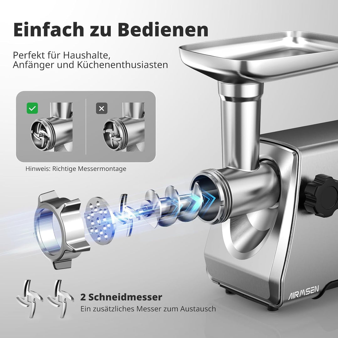 AIRMSEN Elektrischer Fleischwolf mit Wurstfüller, 2 Edelstahlklingen, 3 Mahlplatten und Kubbe-Zubehö