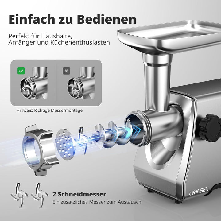AIRMSEN Elektrischer Fleischwolf mit Wurstfüller, 2 Edelstahlklingen, 3 Mahlplatten und Kubbe-Zubehö