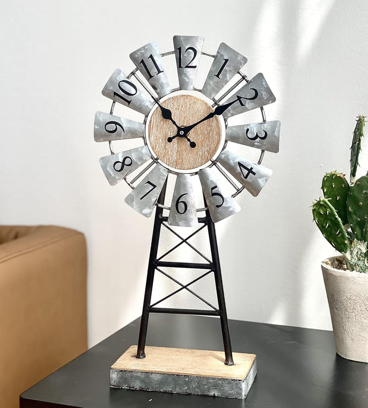 MODE HOME Verzinkte Windmühlen-Tischuhr auf Ständer, Vintage-Schreibtisch- und Regaluhr, dekorative