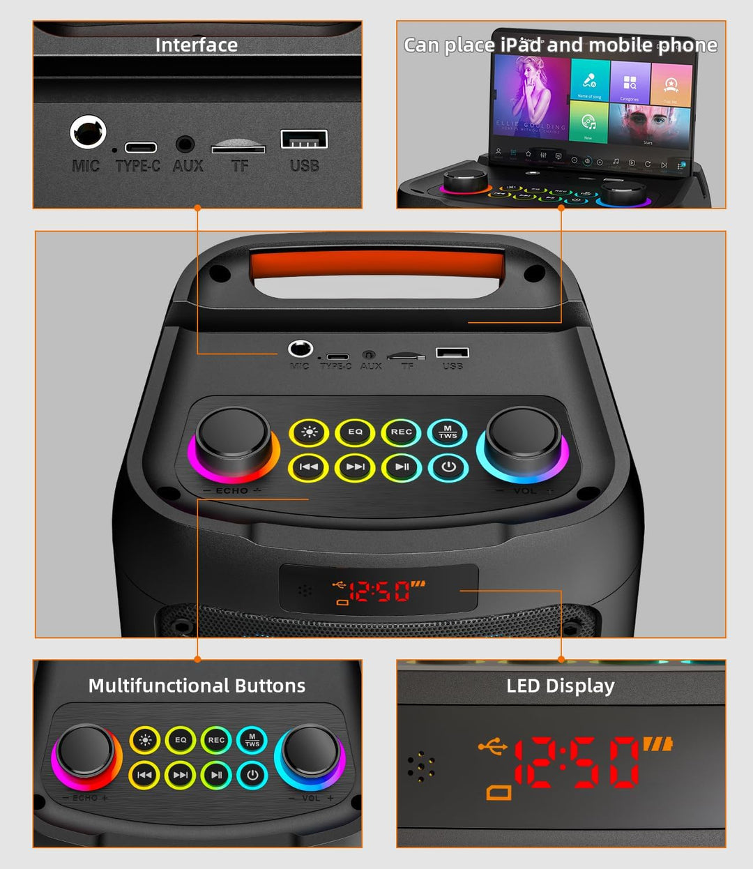 Karaoke Maschine mit 2 mikrofonen,tragbarer Bluetooth Karaoke Anlage mit LED Lichtern,PA System,idea