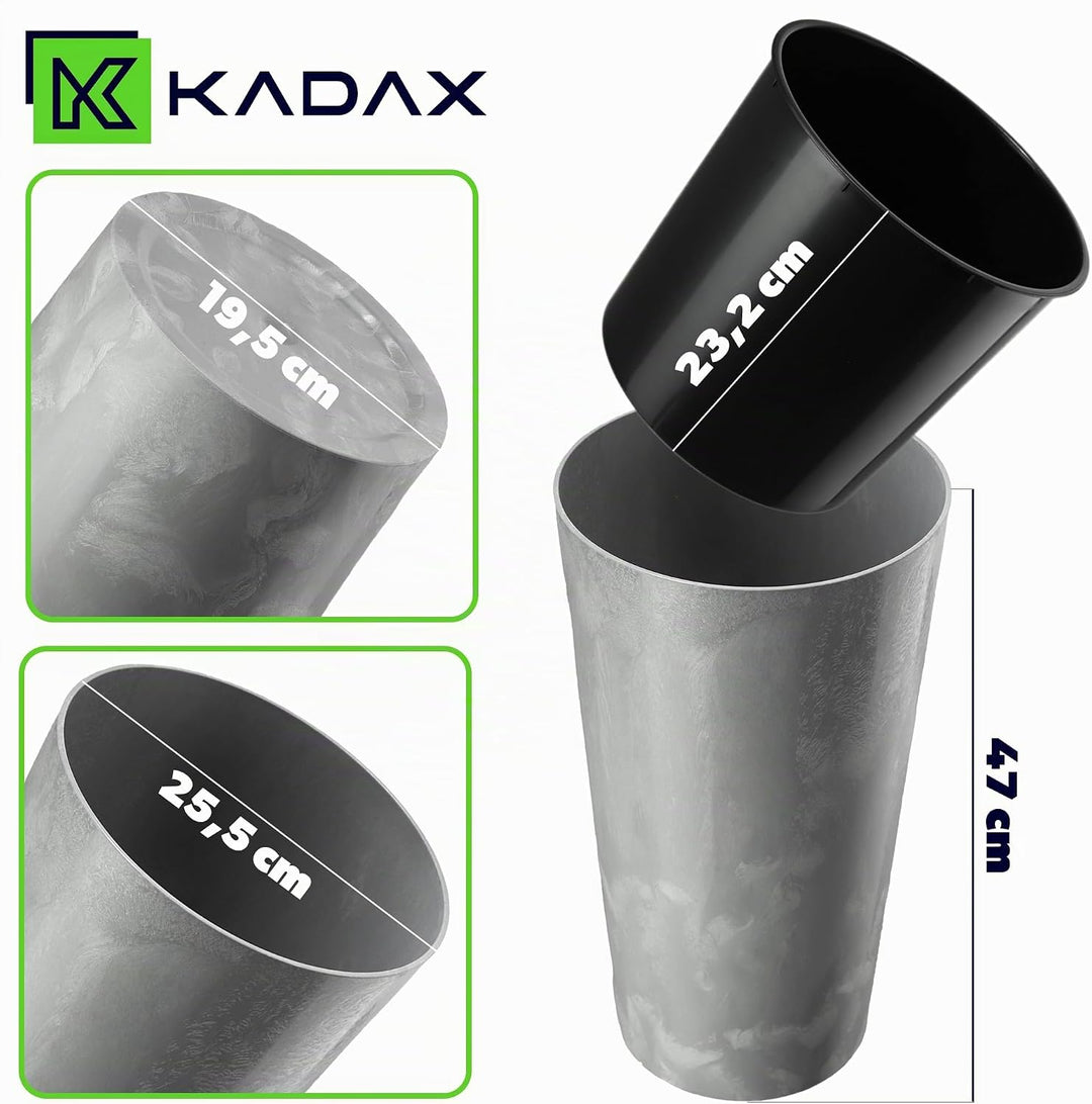 KADAX Pflanzkübel mit Innentopf Grau Ø 25.5 cm, Höhe 47 cm – Moderner Pflanztopf mit Einsatz, Blumen