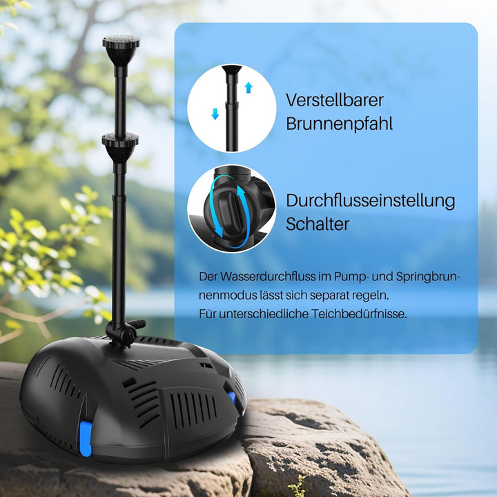 Biling 50W Teichfilter Solar Teichpumpe mit Filter 2100 L/H Solar Filterpumpe Teich mit 3 Düsen und