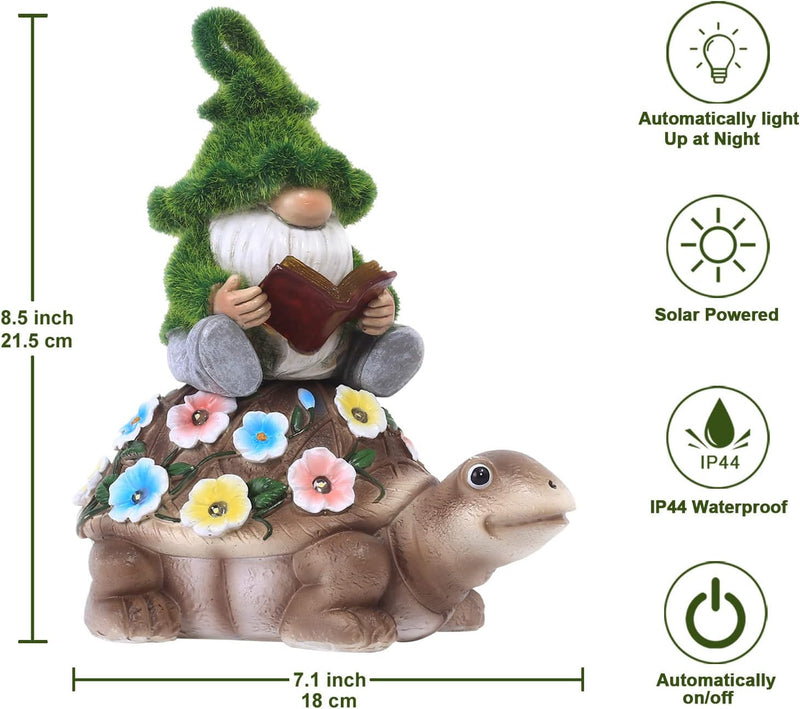 Yeomoo Solar Zwerg Reiten Schildkröte Gartendeko für Draussen Figuren - mit Blumen LED Lichterkette