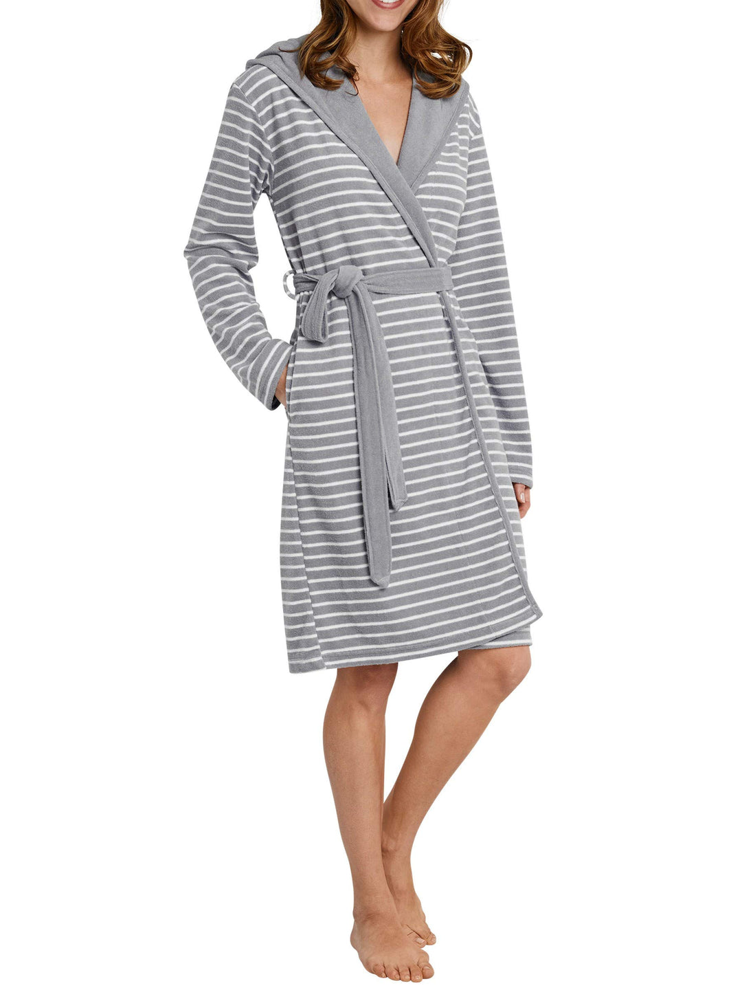 Schiesser Damen Bademantel mit Kapuze Frottee 95 cm Länge - Baumwolle gemustert 36 Grau (Hellgrau 20
