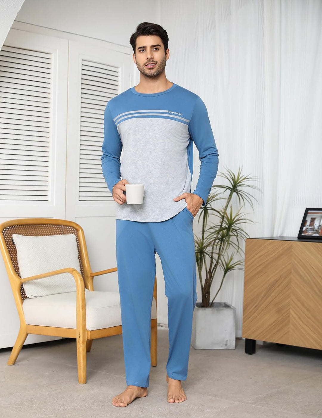 Schlafanzug Herren Lang Pyjama Winter Baumwolle Nachtwäsche Set Männer mit Knöpfen XXL Blau_1, XXL B