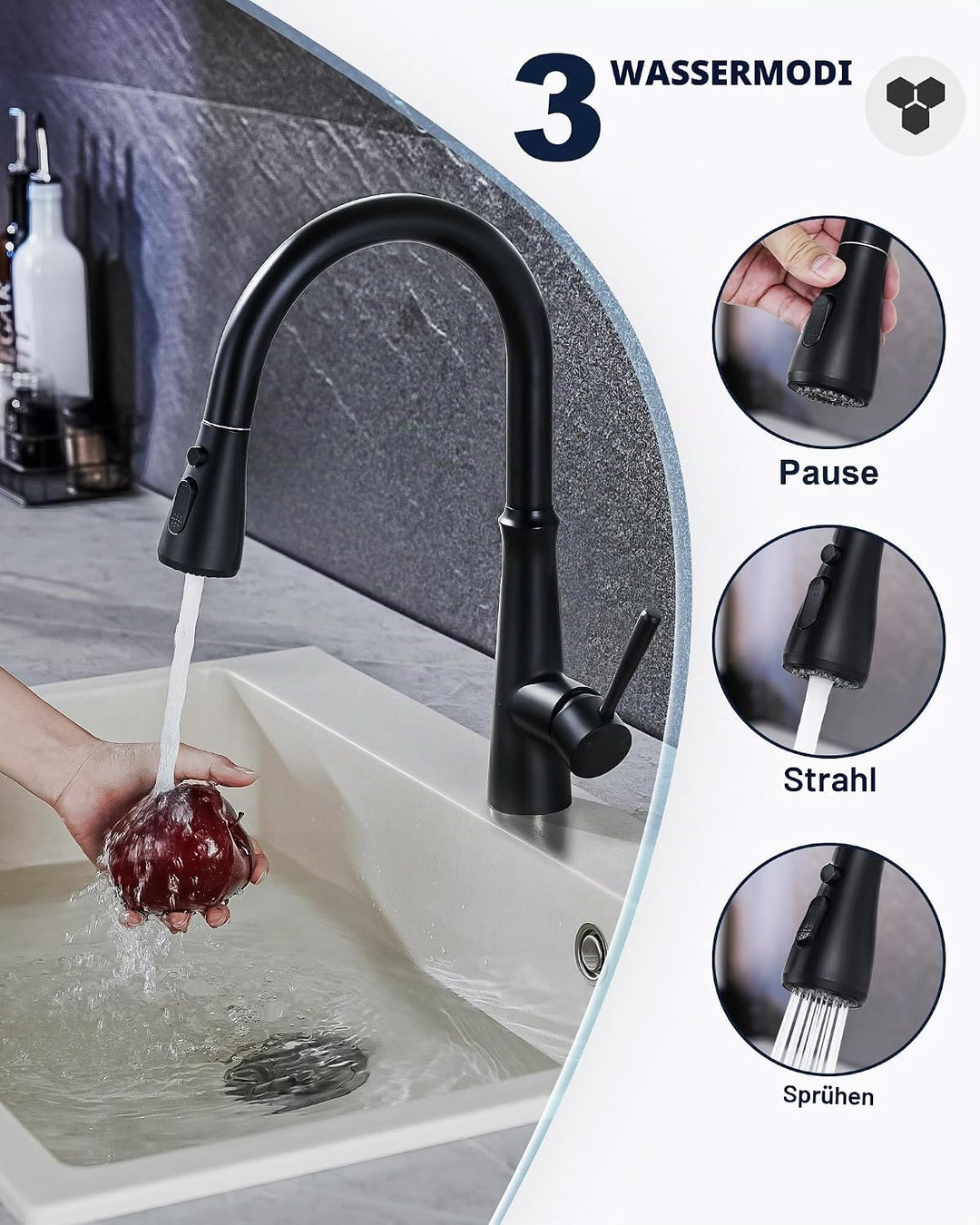 Wasserhahn Küche Schwarz, Hochdruck Küchenarmatur Ausziehbar, 360° Schwenkbar Armatur Küche Mischbat