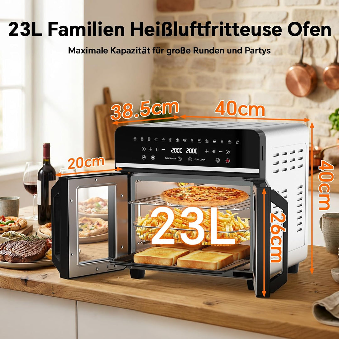 Heissluftfritteuse 23L XXL Mini Backofen mit Französischen Türen, 2600W Air Fryer Dual Zone mit Smar