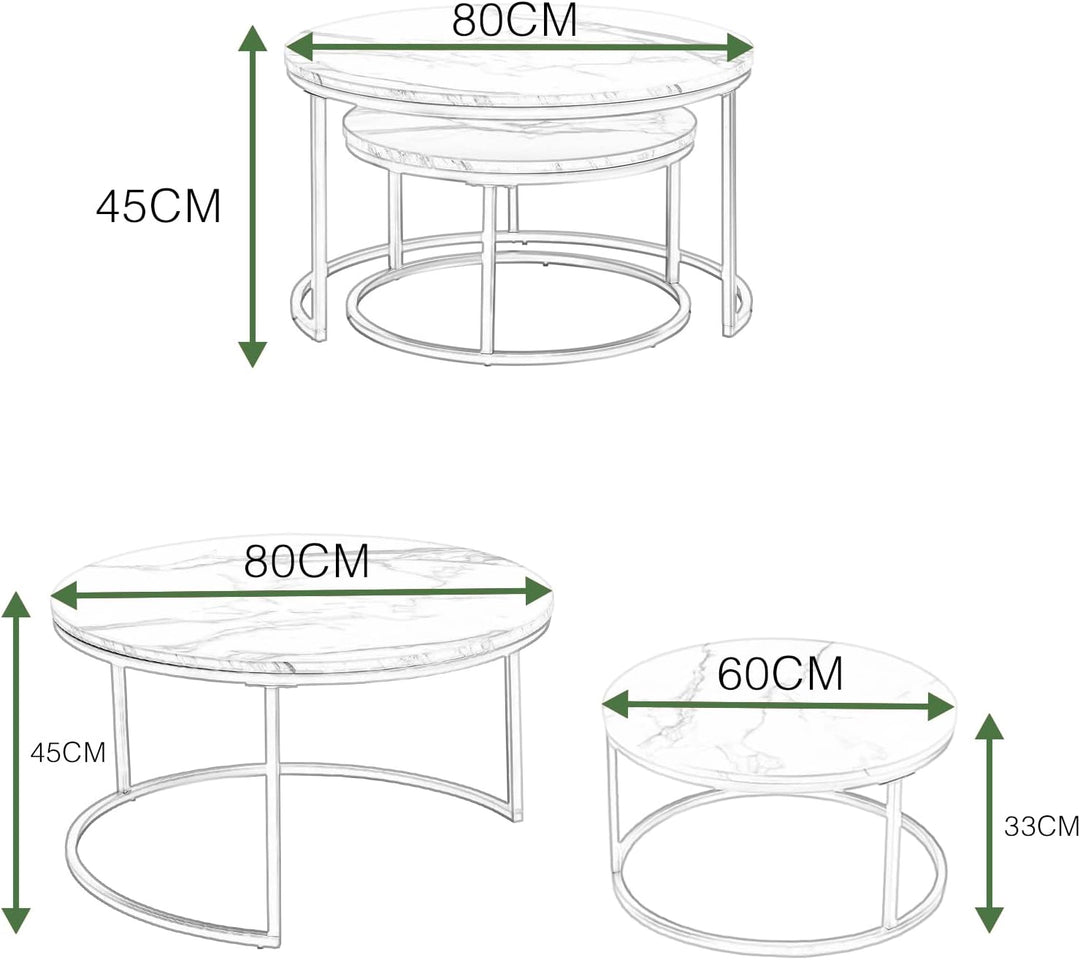 Gold Couchtisch Glas, Couchtisch 2er Set mit 1 Grosser Couchtisch Rund und 1 Kleiner Tisch, Beistell