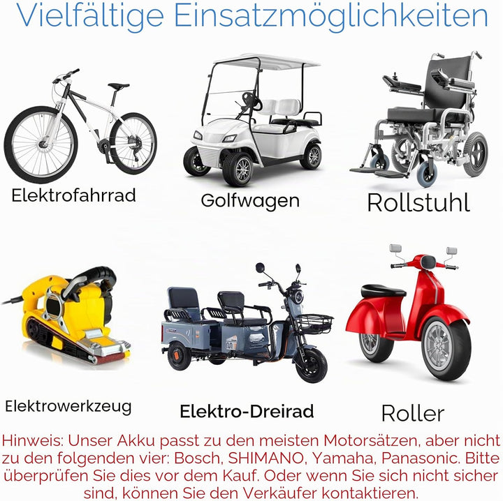 Yasco 48V 20Ah Elektro Fahrrad Akku 1800W Lithium Batterie mit Ladegerät, 50A BMS Schutz PVC Battery