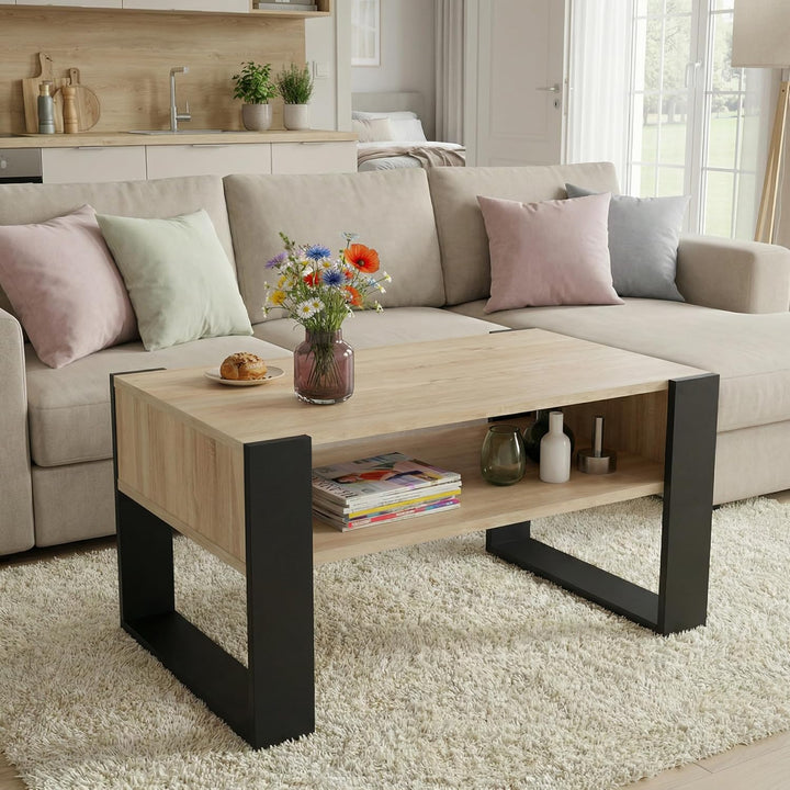 CraftPAK Wohnzimmer Tisch für Couch aus hochwertigem Holz, moderner Couchtisch mit zusätzlicher Abla