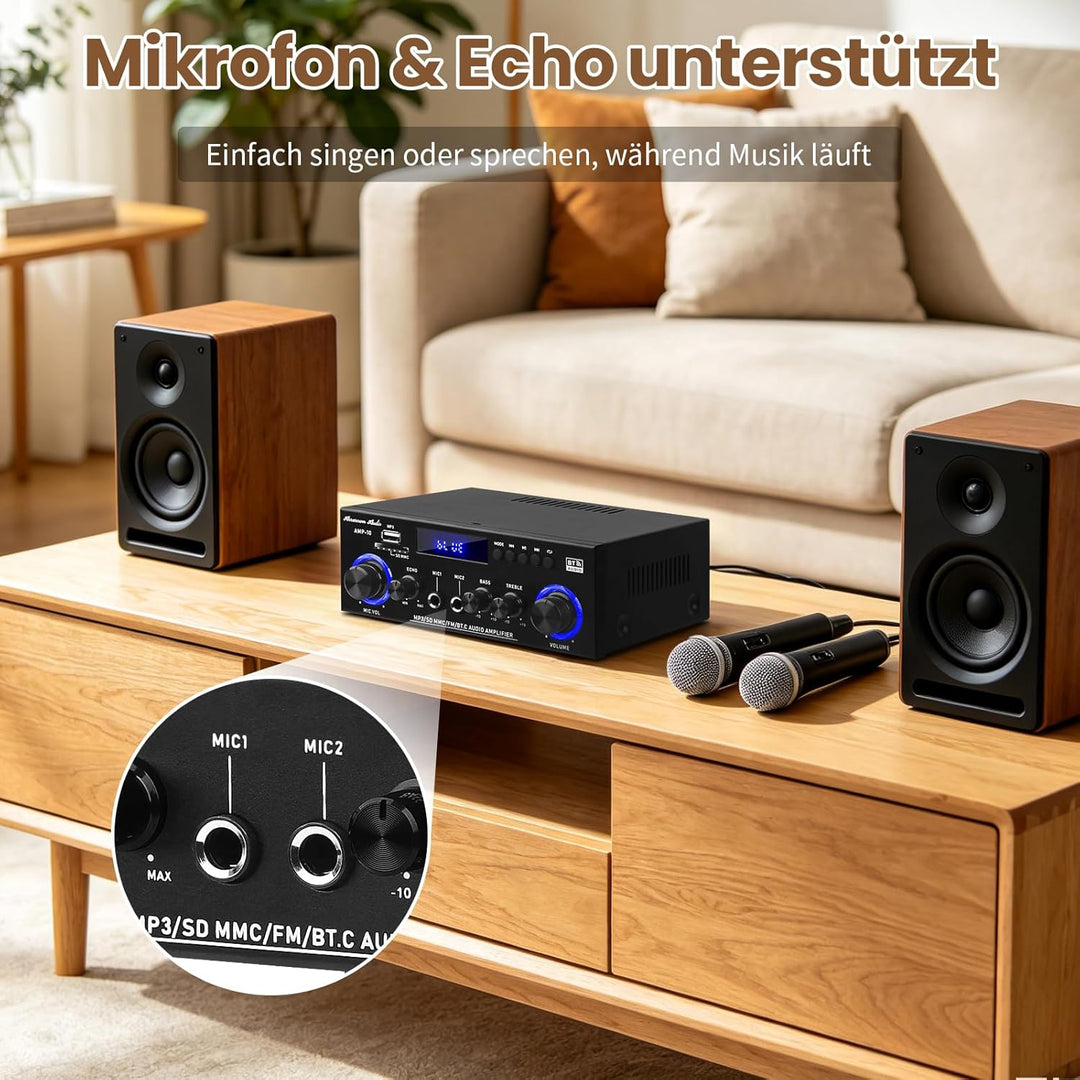 Henakmsl Bluetooth Stereo Verstärker 2.0, 2 x 50 W, Subwoofer-Out | Mit USB, SD, FM, AUX, 2 Mikrofon