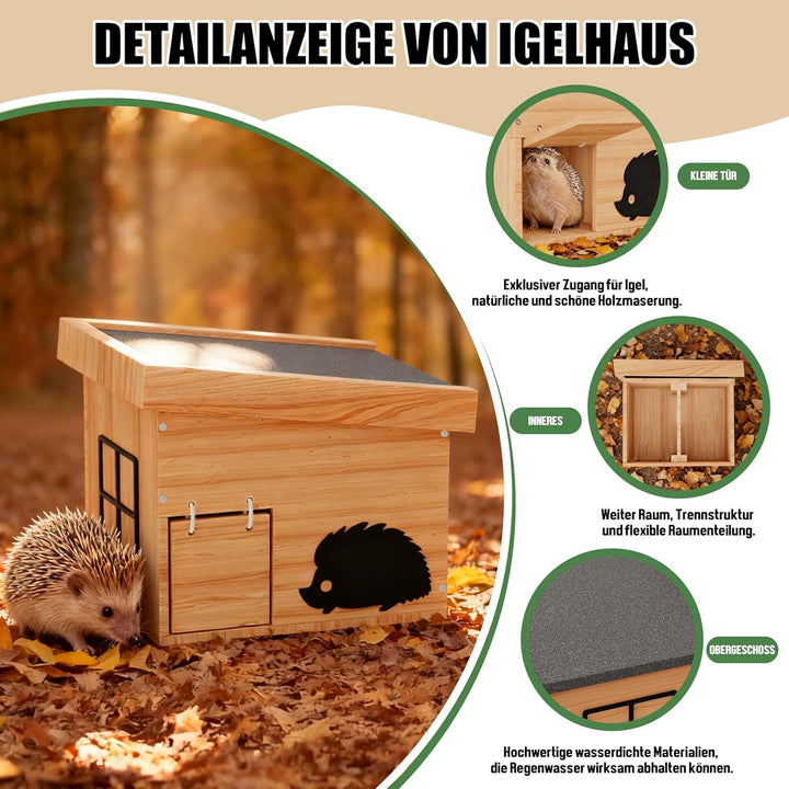 Igelhaus Winterfest aus Holz, Igelhotel mit Boden, katzensicher, wetterfest, Winterquartier für Igel