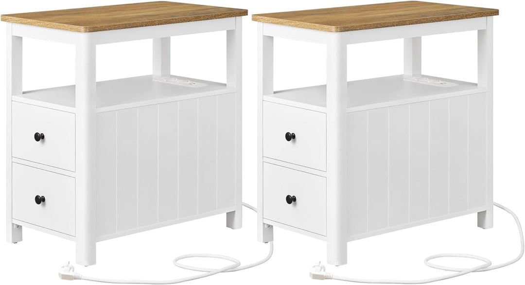 VASAGLE Beistelltisch, 2er Set, schmaler Nachttisch mit Steckdosenleiste, 2 Schubladen, Sofatisch, f