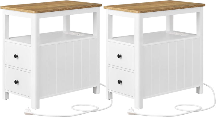 VASAGLE Beistelltisch, 2er Set, schmaler Nachttisch mit Steckdosenleiste, 2 Schubladen, Sofatisch, f