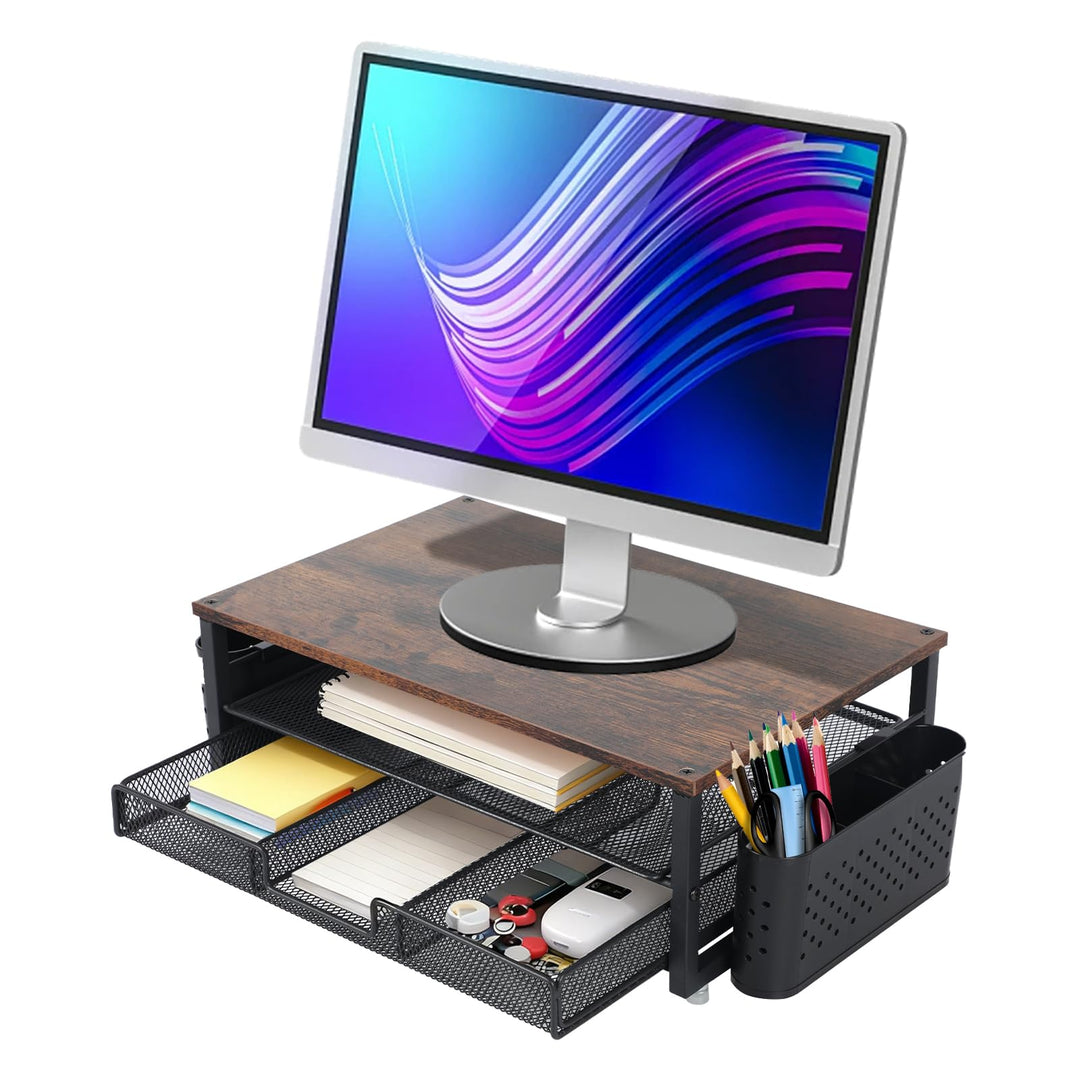 Monitorständer mit Schublade und 2 Stifthaltern, Schreibtisch-Organizer 40 × 25.5 × 15.5 cm Bildschi