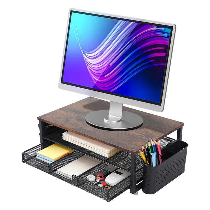 Monitorständer mit Schublade und 2 Stifthaltern, Schreibtisch-Organizer 40 × 25.5 × 15.5 cm Bildschi