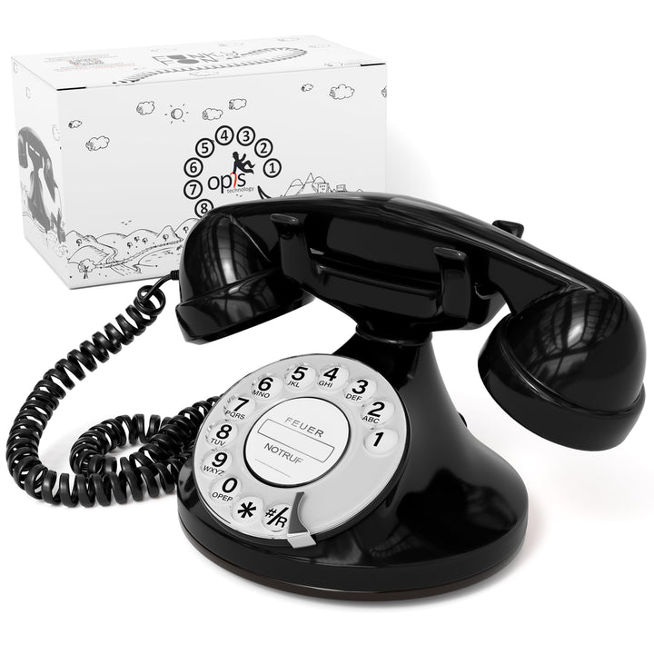 OPIS FunkyFon Cable: Retro-Telefon mit Wählscheibe in geschwungenem 1920er Stil mit elektronischer K