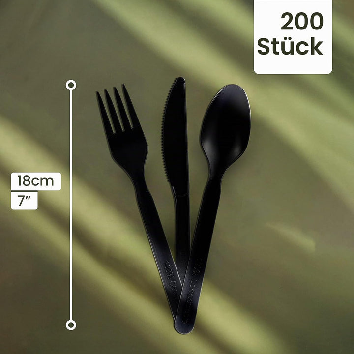HAAGO 180-tlg. Besteckset Kompostierbar (60x Messer, 60x Gabeln, 60x Löffel, Schwarz) - Umweltfreund