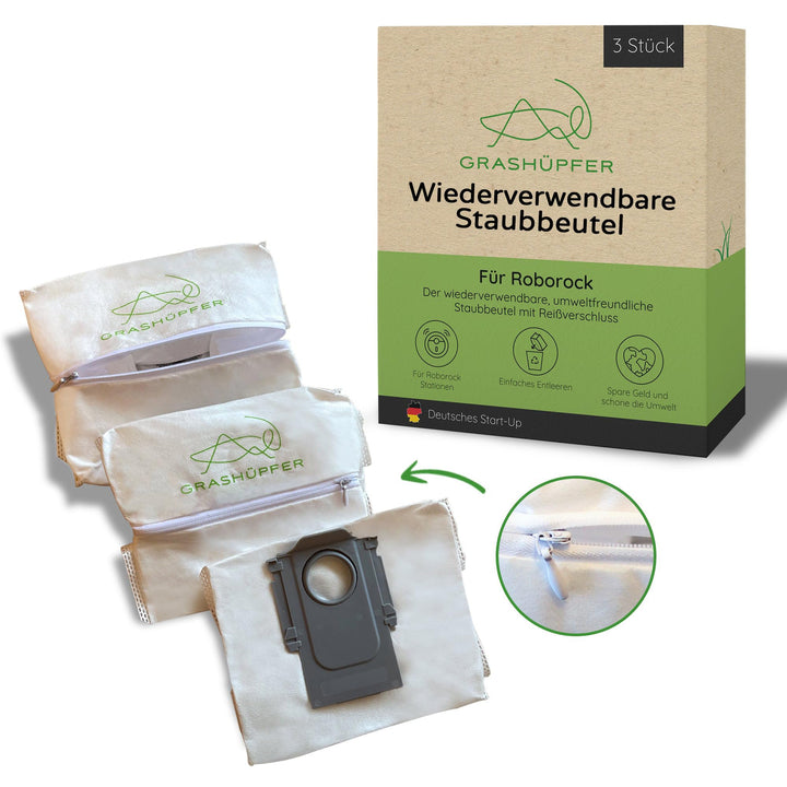 GRASHÜPFER® 3 Stück Wiederverwendbare Staubbeutel für Roborock mit Reissverschluss für S8+, S8 Pro U
