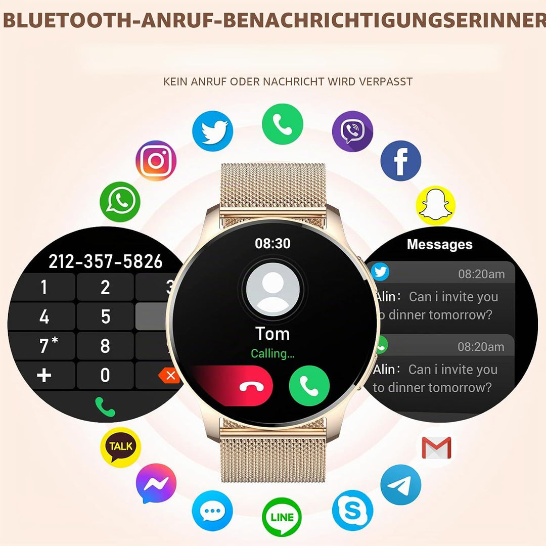 Erkwei Smartwatch Damen mit Telefonfunktion 1,32" Touchscreen Fitnessuhr mit Schrittzähler Herzfrequ