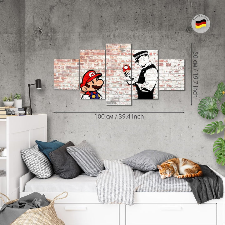 Runa Art Wandbilder Mario and Cop Banksy 5 Teilig Bild auf Vlies Leinwand Deko Jugendzimmer Wohnzimm