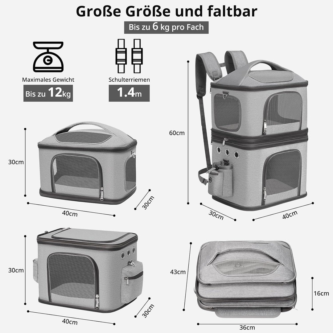Abnehmbarer Katzenrucksack für 2 Katzen bis 12kg, Grau