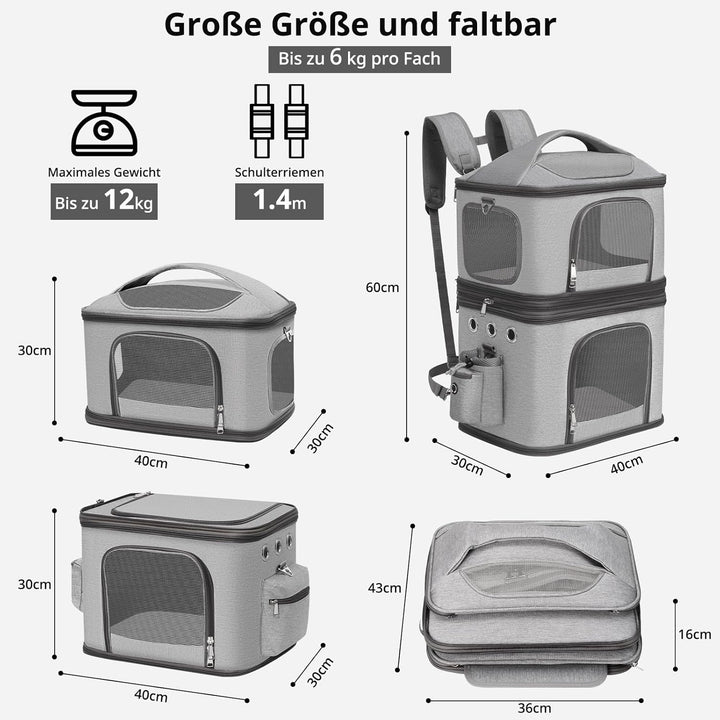 Abnehmbarer Katzenrucksack für 2 Katzen bis 12kg, Grau