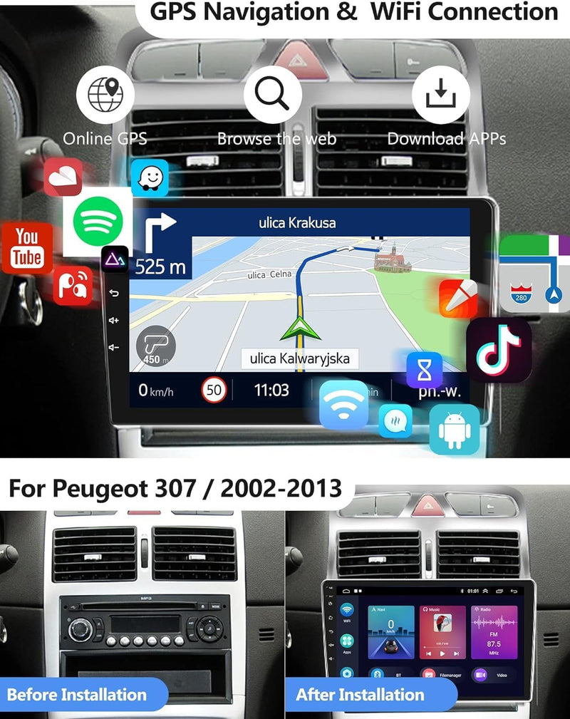 Podofo Carplay Android Autoradio für Peugeot 307 2002-2013,2G++64G,9" Touchscreen HiFi Android Auto