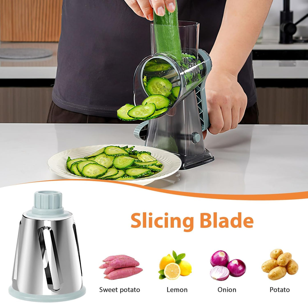 Cheese Grater, Käsereibe mit Kurbel, Trommelreibe, Gemüsehobel Reibe mit 3 Trommelklingen, manuell r
