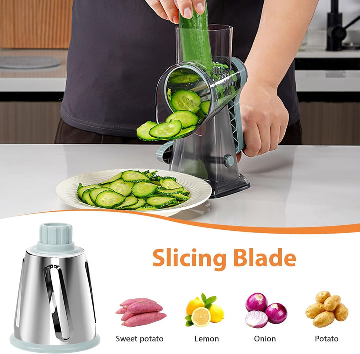 Cheese Grater, Käsereibe mit Kurbel, Trommelreibe, Gemüsehobel Reibe mit 3 Trommelklingen, manuell r