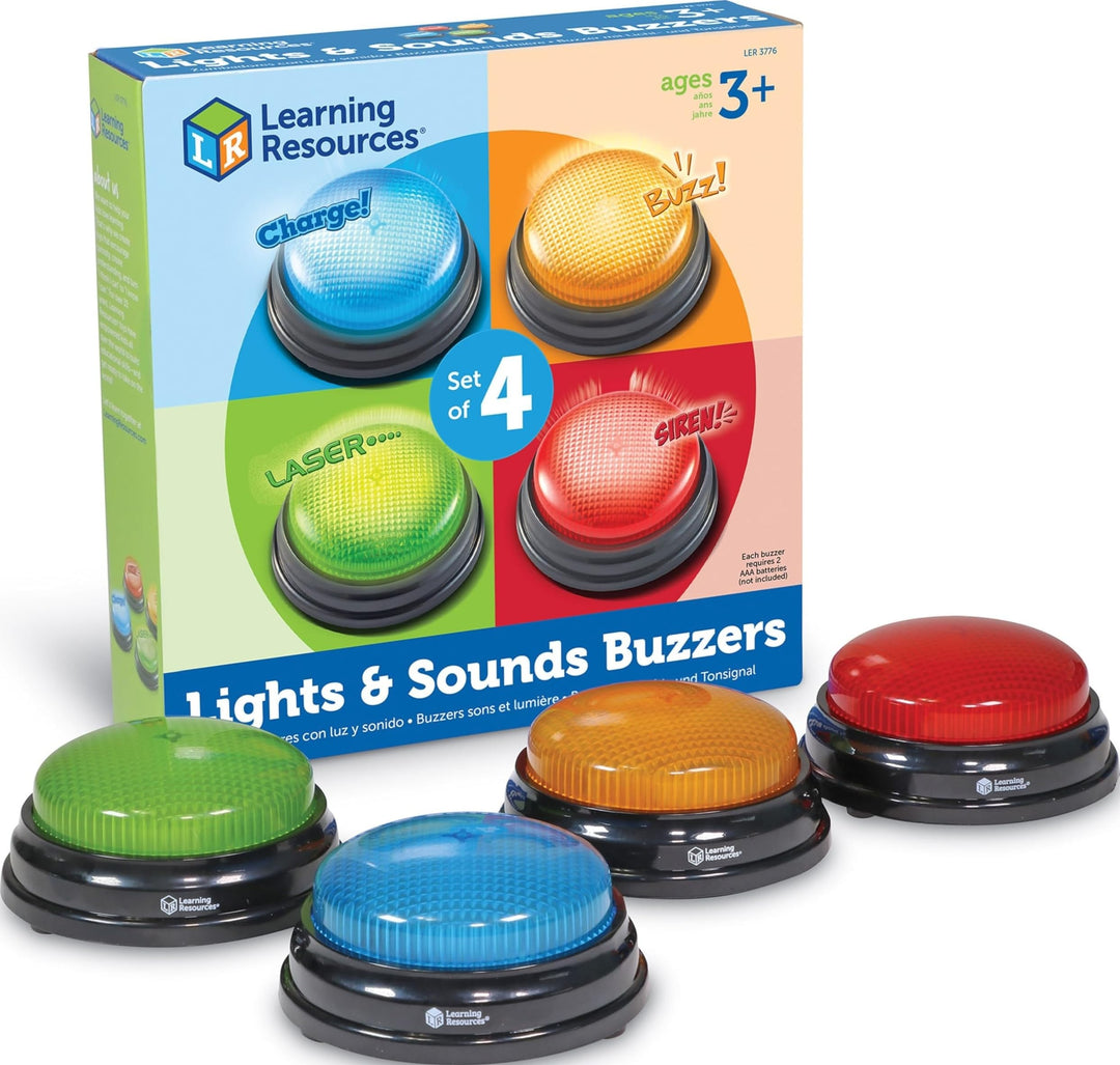Learning Resources Antwort-Buzzer Licht &amp; Sound 4er-Set – Quizshow-Signalgeräte Ø 9 cm für Familie,