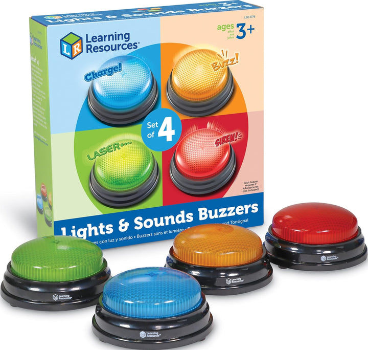 Learning Resources Antwort-Buzzer Licht &amp; Sound 4er-Set – Quizshow-Signalgeräte Ø 9 cm für Familie,