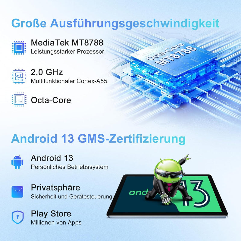 Blackview Android 13 Tablet 10 Zoll Tab 10 WiFi, 16(8+8) GB RAM + 256GB ROM + 2TB Erweiterung, Octa-