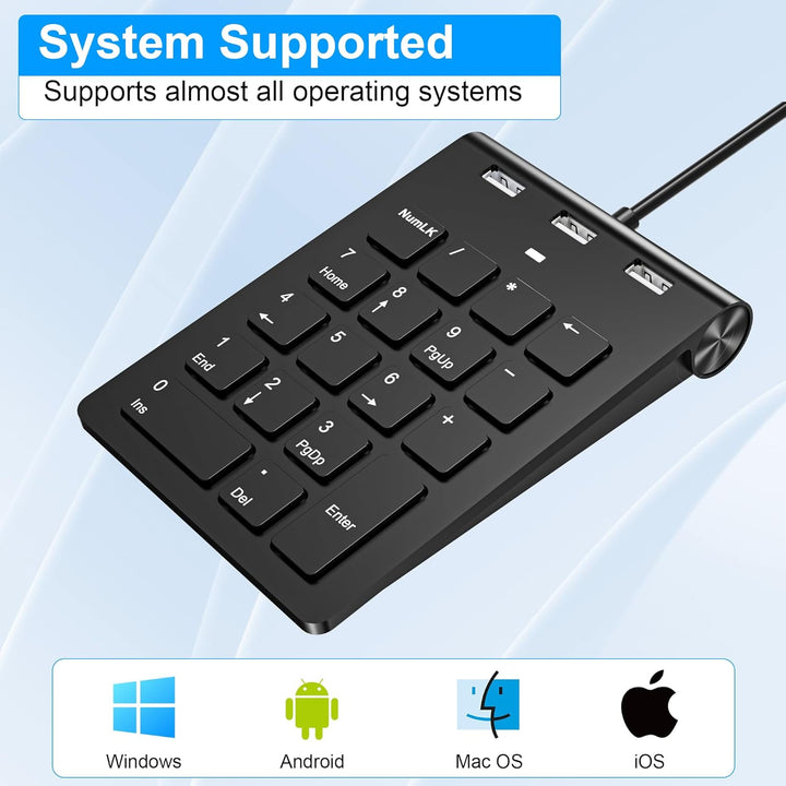 Numeric Keypad Wired Numpad, USB A/USB C Ziffernblock Ergonomischer Mini Nummernblock mit 3 USB 2.0