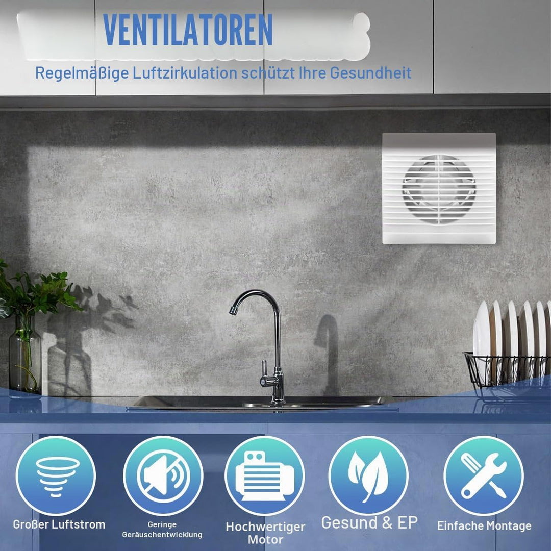 Badlüfter Ø 100mm mit Rückstauklappe, 150 m³/h Wandlüfter Ventilator, Weiss Leiser Abluftventilator