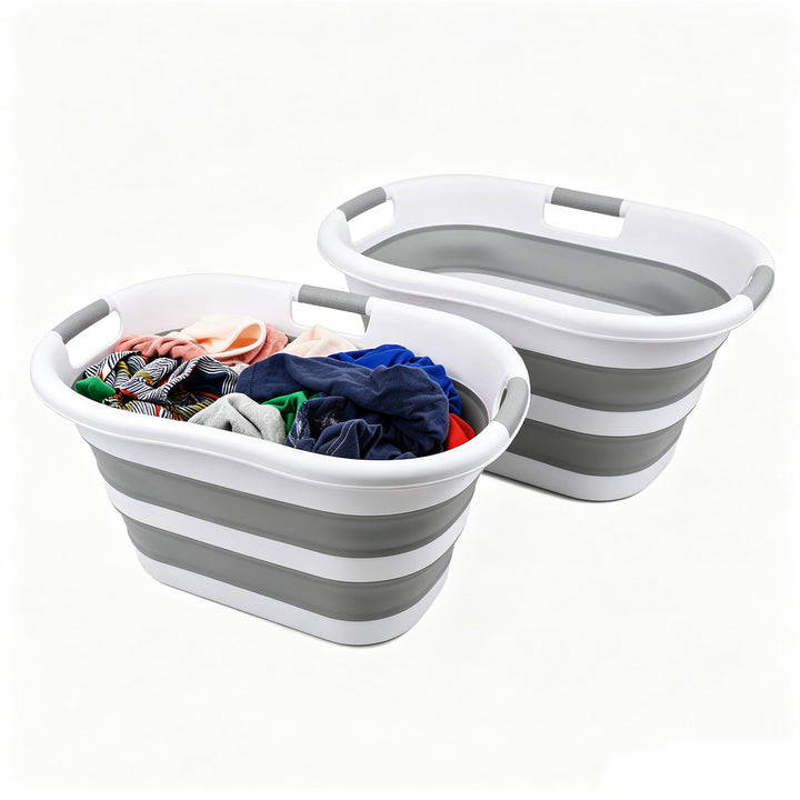 SAMMART 40L Set of 2 Collapsible Plastic Laundry Hamper - Foldable Pop Up Storage Container/Organize