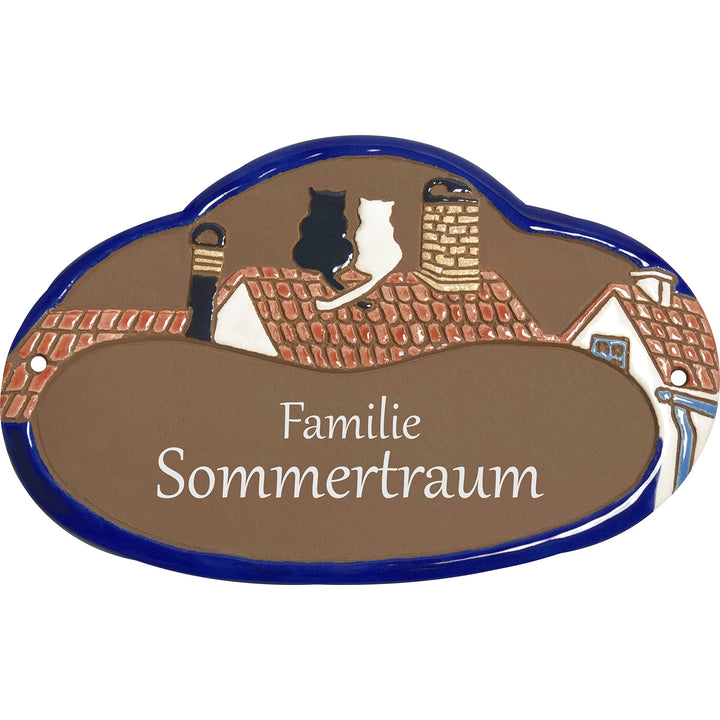 Handarbeit aus Schleswig-Holstein Keramikschild 19,5 x 12,5 cm Motiv Zwei Katzen auf Dachfirst (brau