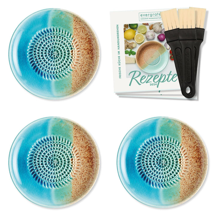 evergrate Keramikreibe 3er Verschenkset - 3 Tellerreiben Ocean mit Küchenpinseln und Rezeptheften, T