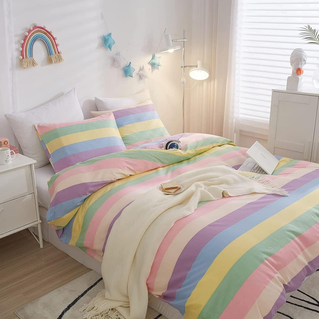 Freyamy Mädchen Bettwäsche 135x200cm Bunt Regenbogen Streifen Kinderbettwäsche 100% Microfaser Babyb