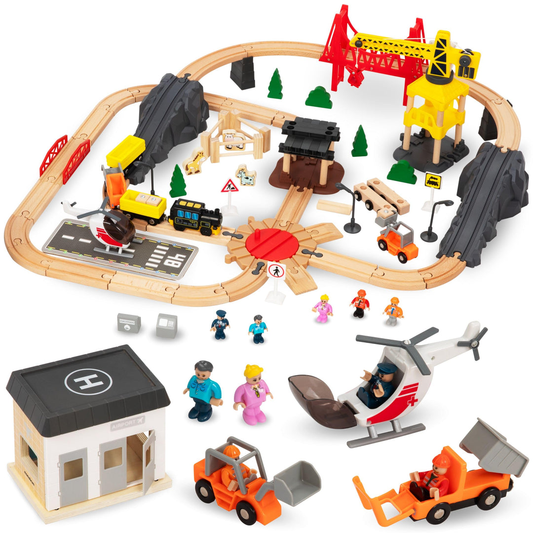 Mamabrum Holzeisenbahn Batteriezug Set - Stadt mit Flugterminal, Kran, Züge, Figuren, Spuren & Leuc
