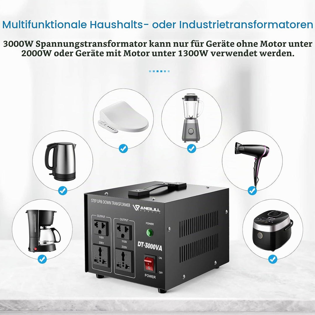 Anbull DT- 3000W Spannungswandler Ringkern-Transformator, Spannungswandler 110V auf 230V, Step up do